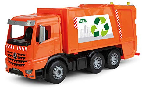 Lena 4614 Worxx Müllauto Mercedes Benz Arocs, Spielauto ca. 53 cm, Nutzfahrzeug für Kinder ab 3 Jahre, robuster Müllwagen mit 2 Mülltonnen und realitischen Spielfunktionen, orange