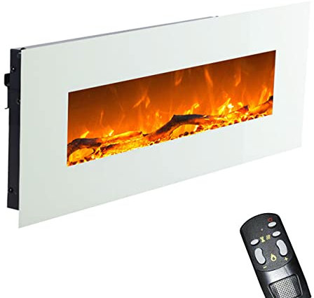 GLOW FIRE Elektrokamin mit Heizung und Kaminfeuer (Wandkamin) - elektrischer Kamin mit LED-Licht, Heizlüfter, Deko & Fernbedienung - zum Aufhängen an der Wand, max. 1500 W - Weiß, 126 cm
