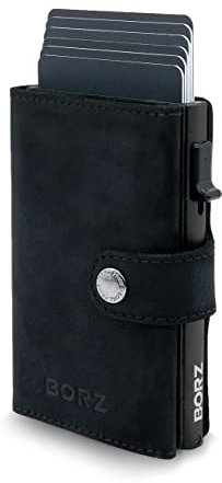 BORZ Prime Maxus 1 Wallet mit Münzfach AirTag kompatibel, Kartenetui mit RFID Schutz, Mini Geldbörse Cardholder, Geldbeutel für Karten & Scheine aus echtem Leder für Herren & Damen