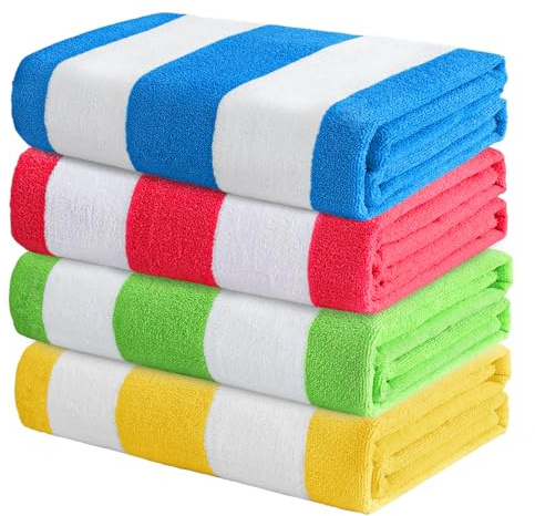 Exclusivo Mezcla Beach Towels Oversized, 4 Pack Lightweight Cabana Stripe Pool Bath Towel Set for Kids and Adults, Extra Large and Absorbent, 30x60 Inches, Blue/Green/Yellow/Red