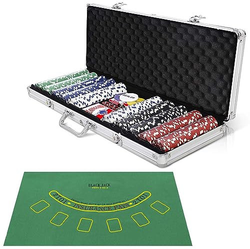DREAMADE Ultimate Pokerset mit 500 Chips/ 2 Poker Set/ 5 Würfel/Koffer/Spieltuch/ 5 Dealer Buttons, Pokerset Koffer Profi für Pokerspiel (Silber)
