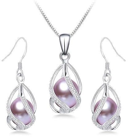 HENGSHENG Pearl Jewelry Set For Women S925 Sterling Silver Necklace & Earrings Set Freshwater Pearl Pendant Cage Set for Wedding Anniversary Prom Birthday Gift - Silvery Purple