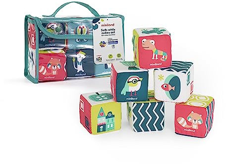 Miniland 97320 Weiche Babywürfel mt Rassel. Stimulieren der Sinne von 0 bis 6 Monaten. Kollektion Feel to Learn