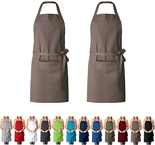 EllaTex DOPPELPACK Damen/Herren/Unisex Schürze Kochschürze Kellnerschürze Bistroschürze Küchenschürze Grillschürze Latzschürze 100% Baumwolle, Farbe: 2er PACK Cappuccino