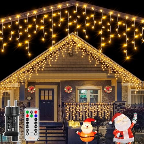Ollny Eisregen Lichterkette außen 12m 504 LEDs Weihnachtsbeleuchtung außen warmweiß mit Fernbedienung, wasserdicht Lichterkette außen mit 8 Modi Timer für Balkon Haus Weihnachtsdeko aussen