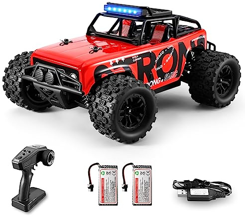 dexinco Fjärrstyrd bil, 4WD RC-bil, skala 1/18, 2,4 GHz, 40 km/h vattentät racerbil, monster RC lastbil med 2 batterier, 60 minuter, batteritid, leksak - röd