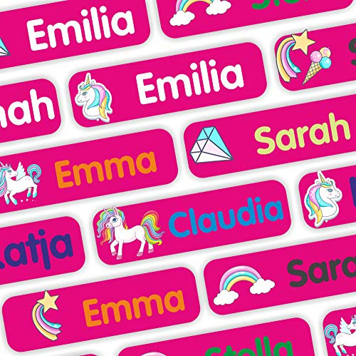 Indigos UG - Namensaufkleber Kinder Schule - ab 35 Sticker 35x10mm - Einhorn pink - Aufkleber selbst gestalten für Wäscheetiketten & feste Dinge, Namensetiketten Kindergarten
