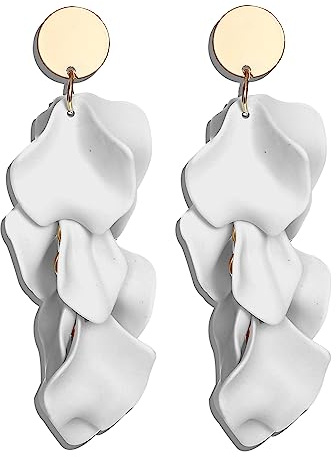 JeryWe Ohrclips für Damen Mädchen Ohne Ohrlöcher Lang Acryl Quaste Clip Ohrringe Bunte Blumen Baumeln Ohrringe Anhänger Tropfen Statement Ohrclips für Nicht Durchbohrte (Weiß)