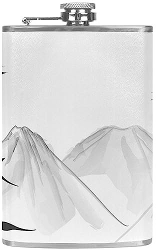 Flasque avec entonnoir Flacons personnalisés,scène de montagne à l'encre,Petit flacon portatif en acier inoxydable pour l'alcool