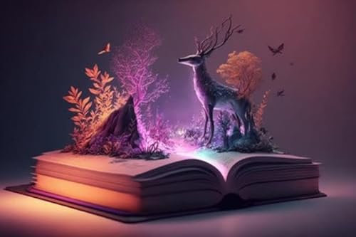 adrium Acryl-Bild 50 x 30 cm: Fliegendes offenes Buch mit plätschernder magischer Naturwelt mit Tieren, Märchen, Storytelling-Konzept, Welttag des Buches, (203969359)