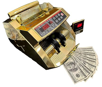 Upromax Gold Money Counter Machine - UV/MG/IR Fake Money Detector & Cash Box - Portable Bill Counter w/External LED Display - Adding Machine for Small Business Essentials 1000/Minute, (No Pens) Cash