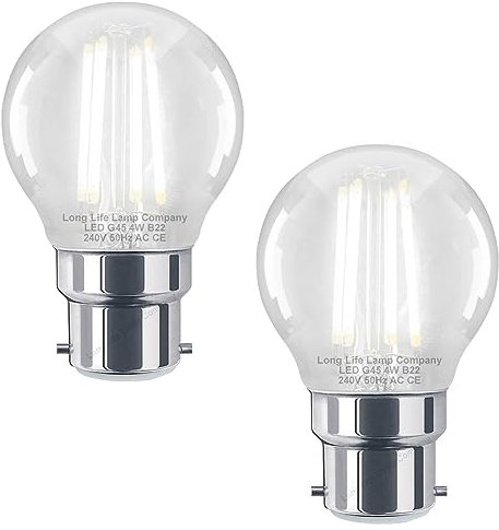 Long Life Lamp Company LED Filament Golf Ball Light Bulb B22 Cool White Clear Glass Bayonet 4w Pack of 2