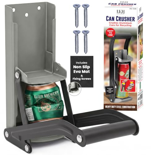 LKH Can Crusher & Bottle Opener - Soda Beer Can Crushers for Recycling, Wall Mounted with Soft Grip Handle, Built-in Tin Opener 2-in-1 Heavy Duty Tool for Bottles, Tins & More