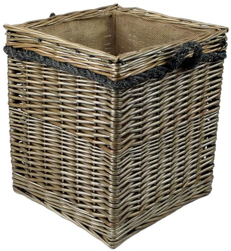 Range of large Antique grey Wicker log baskets. Rope handles. Wood & kindling storage for fireplace. Or shoes toys washing clothes bin (35 litres, Square)