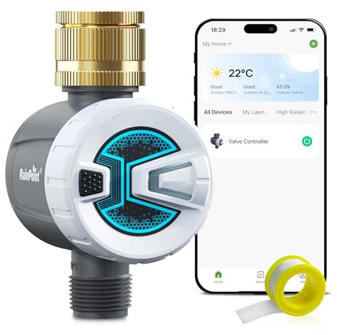 RAINPOINT Centralina Irrigazione con Ingresso in Ottone, Bluetooth Computer Irrigazione Automatica con 2 Modalità di Irrigazione, Smart APP Telecomando Timer Irrigazione per Prato Giardino