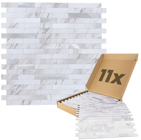 Dalsys 11x Wandpaneele selbstklebend, Marmoroptik 1m² Weiß/Silber | Wandverkleidung aus Aluminium & PVC, feuchtigskeitsbeständig, Premium Qualität für Bad und Küche, dünne Streifen
