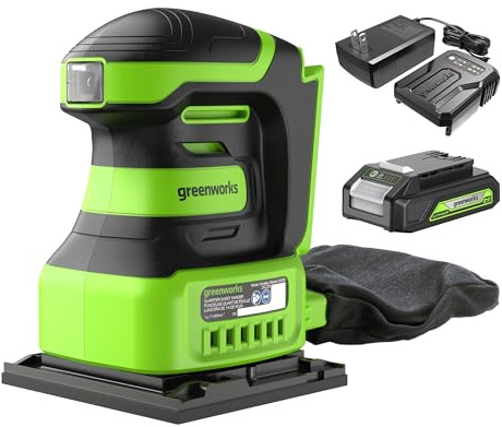 Greenworks 24V Cordless Palm Sander, 1/4 Sheet Sander with Dust Bag, Compact and Lightweight, 11000 OPM, with 2Ah Battery and Charger