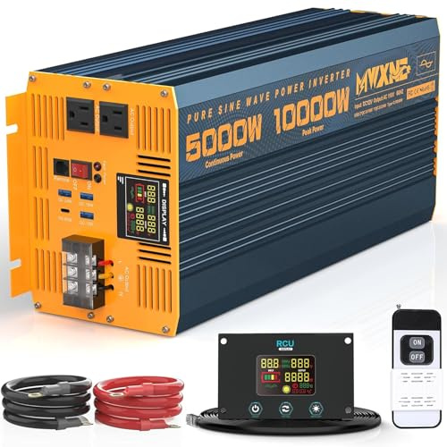 MWXNE 5000 Watt Power Inverter Pure Sine Wave 12V DC to 110V 120V 10000W Peak Heavy Duty Inverter with Remote Control and LED Display, 4 USB/Type-C Ports & 2 AC Outlets Car Charger for Vehicles RV