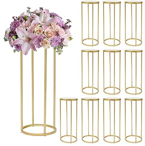 KONGKUNI 10 Pcs Gold Wedding Flower Stand, 23.6 Inch Tall Metal Column Flower Stand, Gold Vase Geometric Centerpieces Vase for Wedding Reception Table Decor Party Hotel Home Decor