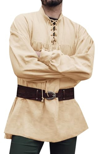 Runcati Chemise médiévale à Manches Longues pour Homme, Style Steampunk, Viking, Renaissance, Victorien, Halloween, Costume, Beige, XL
