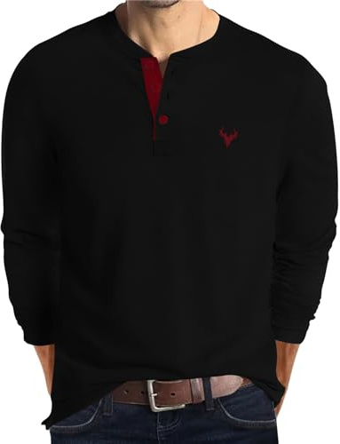 KUYIGO Maglietta da Uomo a Maniche Lunghe Henley Ricamata in Cotone Casual Sportivo, Nero, XL