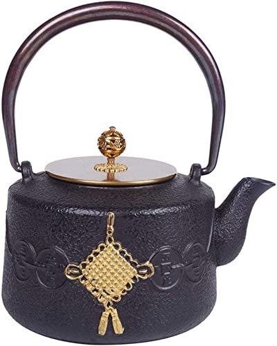 Juego de tetera china de hierro fundido con calentador de tetera, juego de té exótico con diseño de nudo chino, tetera de hierro saludable y duradera