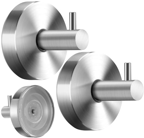saerryor 2 Pcs No-Drill Suction Cup Hooks, Stainless Steel Vacuum Suction Cup Hook Removable and Reusable SuctionTowel Holder, Self Adhesive Heavy Duty Hook for Bathroom Kitchen