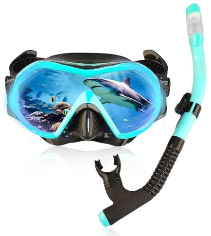Schnorchelset Erwachsene,Taucherbrille Erwachsene,Taucherbrille mit Schnorchel, Neu Verbesserte Panorama Anti-Leck Anti-Fog Tauchmaske aus Gehärtetem Glas für Schnorcheln,Tauchen (Türkis)