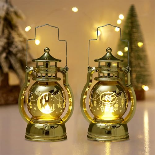 CHENBOOW Ramadan Deko,2 Stücke Ramadan Dekoration Laterne,Ramadan Laternen,Ramadan Deko Lampe,Eid Ramadan Laternen Licht,Vintage Laterne Deko,Eid Mubarak Hängende Laterne für Tischdeko Zuhause Garten