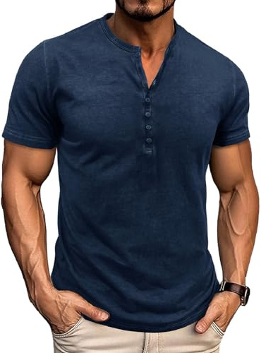 LAOARA Tee Shirt Homme T Shirt T-Shirts à Manches Courtes Homme Coton Henley Vintage Col Tunisien Boutons Eté Bleu L