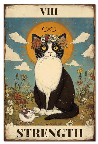 GLOBLELAND Targa in peltro VIII STRENGTH motivo carte di tarocchi per gatto targa in metallo vintage 12x8 Pollici decorazione da parete divertente per la casa fattoria bar club