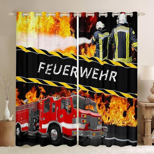 Tizhweqo Vorhänge Feuerwehrauto, Thema Feuerwehr Blickdicht Gardinen Vorhang Feuerwehrauto Verdunklungsvorhänge mit Ösen Wohnzimmer Schlafzimmer 2 Stück 91.5x214 cm (BxH) B/C1526