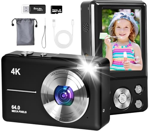 Appareil Photo Numérique, 4K​​ Autofocus 64MP Appareil Photo Enfant, Zoom 18X, Écran 2.8'', ​​Appareils Photo Numériques Compact​​ Portable Petit Prêt à Shooter pour Enfants Adultes ​​Débutants​