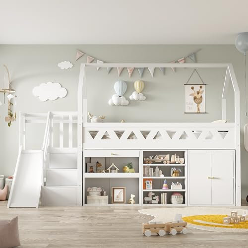 Moimhear Cama individual, cama infantil, con tobogán y escaleras, con cajones y taquilla, con puerta magnética, sin colchón, madera maciza, color blanco, 90 x 200 cm