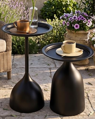 Ginhow Set di 2 Tavolino Salotto Moderno Tavolini Rotondi Metallo Nero Tavolino da Divano Piccolo Tavolo Basso Salotto, Tavolini da Balcone Esterno Impermeabile, Alto 42+60 cm