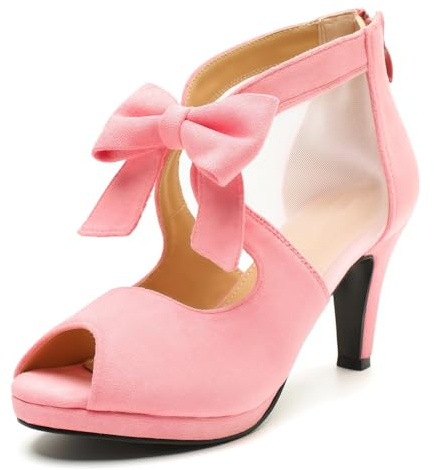 Rjclyh Women's Peep Toe Platform High Heel with Bow Pumps Cutout Mesh Chunky Heel Dress Sandals, Back Zipper, Party Wedding Shoes Pink 8