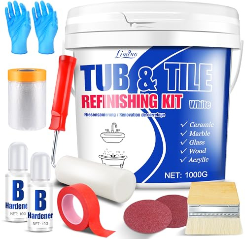 Tub and Tile Refinishing Kit - 1000g Semi-Gloss White Tile Paint with Tools for Bathtub Sink Countertop for Bathroom Kitchen, Bathtub Paint for Ceramic, Porcelain Fiberglass, Low Odor, 4.6-5.6 ㎡