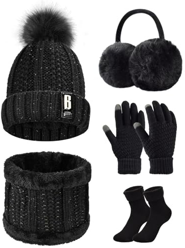 Tuopuda Knitted Hat and Scarf Set 5 PCS Winter Set,Plush Ear warmers Warm Knitted Scarf Beanie Hat and Touch Screen Gloves Set Women Thermal Socks for Skiing Hat Outdoor Sports(Black-Gift Pack)