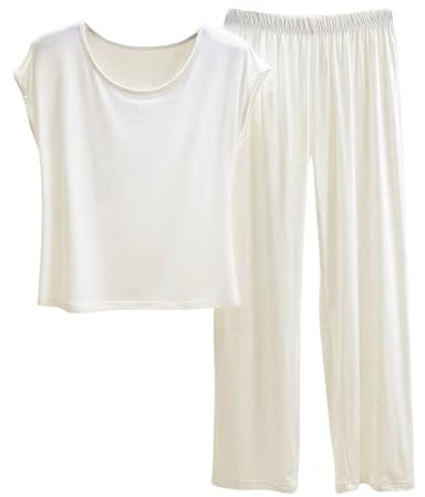 Pijama de verano para mujer, camiseta de manga corta y ajuste holgado, ropa de dormir de pierna ancha, conjunto de pijama de 2 piezas, blanco, L