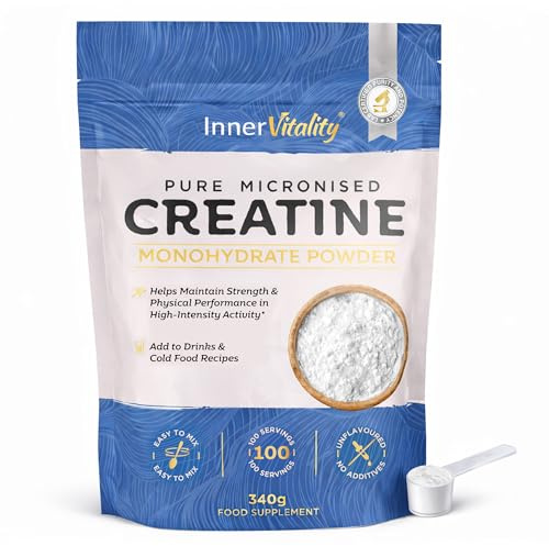 Creatine Monohydrate Powder 340g (100 Servings) Pure Micronised Third-Party Tested Fast Absorbing Creatine for Strength & Energy for Women & Men Vegan Supplement by Inner Vitality