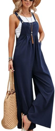 FULOOE Mono Mujer Verano Peto para Mujer Grande Overol Holgado de Verano Ajustable Peto con Bolsillos Holgado Clásico Color Sólido Palazzo