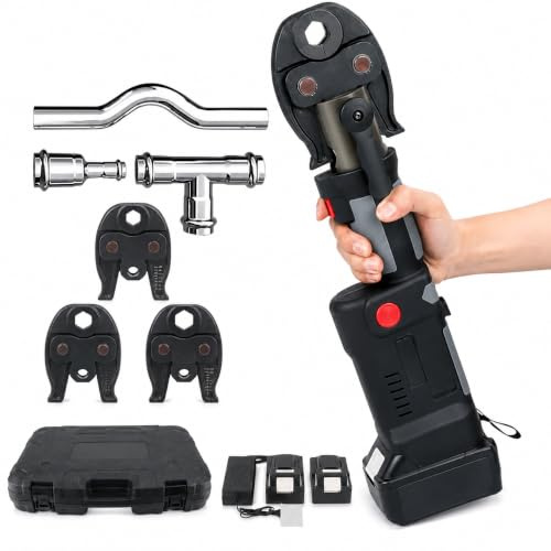 Crimpatrice per tubi senza fili, 18 V, con display a LED, pressa idraulica per tubi in rame, PEX, acciaio inossidabile da 15-25 mm, include 2 batterie, caricabatterie e custodia