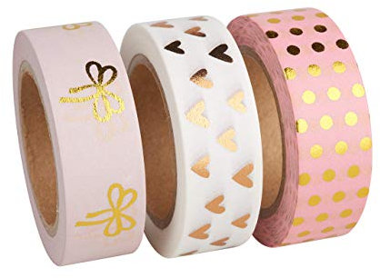 Rayher 60893000 Washi Tape Set Rose/Gold Foil, 15mm, 3 Designs á 10m, Box 30m