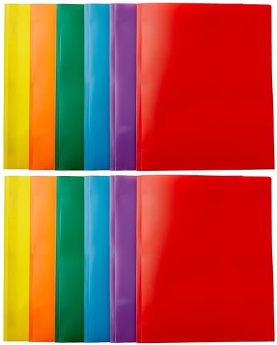 Amazon Basics Heavy Duty Plastic Folders with 2 Pockets for Documents, Letter Size Paper, School Supplies Organization, Assorted Colors, Pack of 12