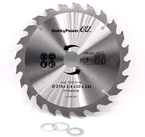 Kreissägeblatt Sägeblatt Hartmetall für Holz Tischkreissäge Kappsäge Gehrungssäge 216 x 30 mm 24 Z Zähne + 3 Reduzierringe auf 24,4mm, 20mm und 16mm