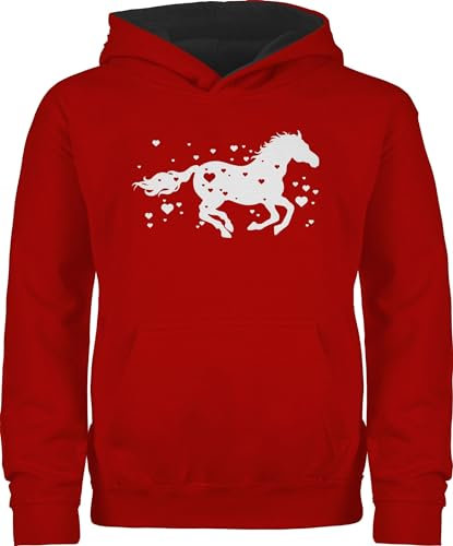 Pullover Kinder Hoodie Jungen Mädchen - Pferd mit Herzen - Pferde Horse Reiter Reiterin Pferdeliebhaber Geschenk Pferdemädchen - 152 (12/13 Jahre) - Rot/Schwarz - pferdepullover pferdepulli reiten