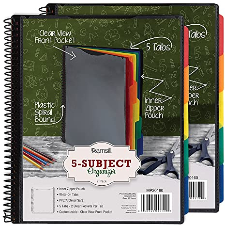 Samsill Spiral Folder Organizer (2-Pack)- 5 Dividers & 10 Pockets with Zipper Pouch, Multi Pocket Color Cordinated Folder Binder with Customizable Tabs, Document Organizer (Basic)