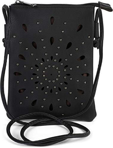 styleBREAKER Damen Mini Bag Umhängetasche mit Cutouts in Ethno Blumen Form und Nieten, Schultertasche, Handtasche, Tasche 02012304, Farbe:Schwarz