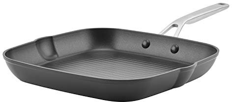 KitchenAid Grillpfanne/Grillplatte mit Ausgießer, harteloxiert, antihaftbeschichtet, quadratisch, 29 cm, mattschwarz