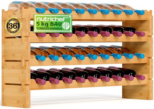 NutriChef Portaoggetti per Vino Impilabile in Bambù, Capacità 36 Bottiglie a 4 Livelli - Portaoggetti Modulare Autonomo per Cucina e Cantina, 85 cm x 25 cm x 53 cm